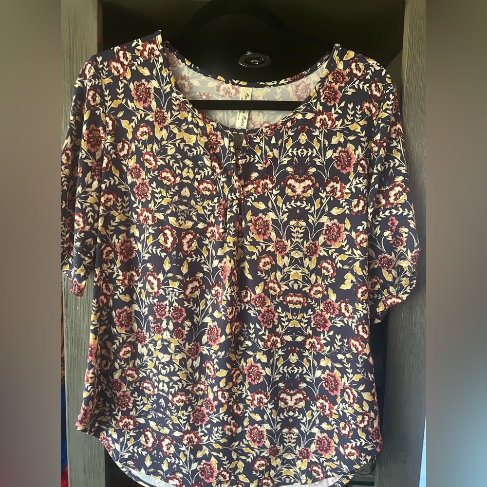 Perseption Floral Blouse with Navy and Red Accents